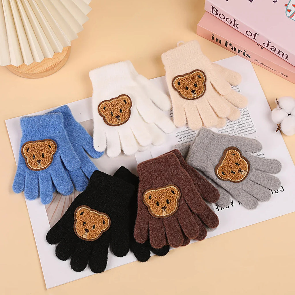 Cute Bear Baby Knitted Gloves Autumn Winter Warm Kids Full Finger Gloves Cartoon Animal Toddler Mittens