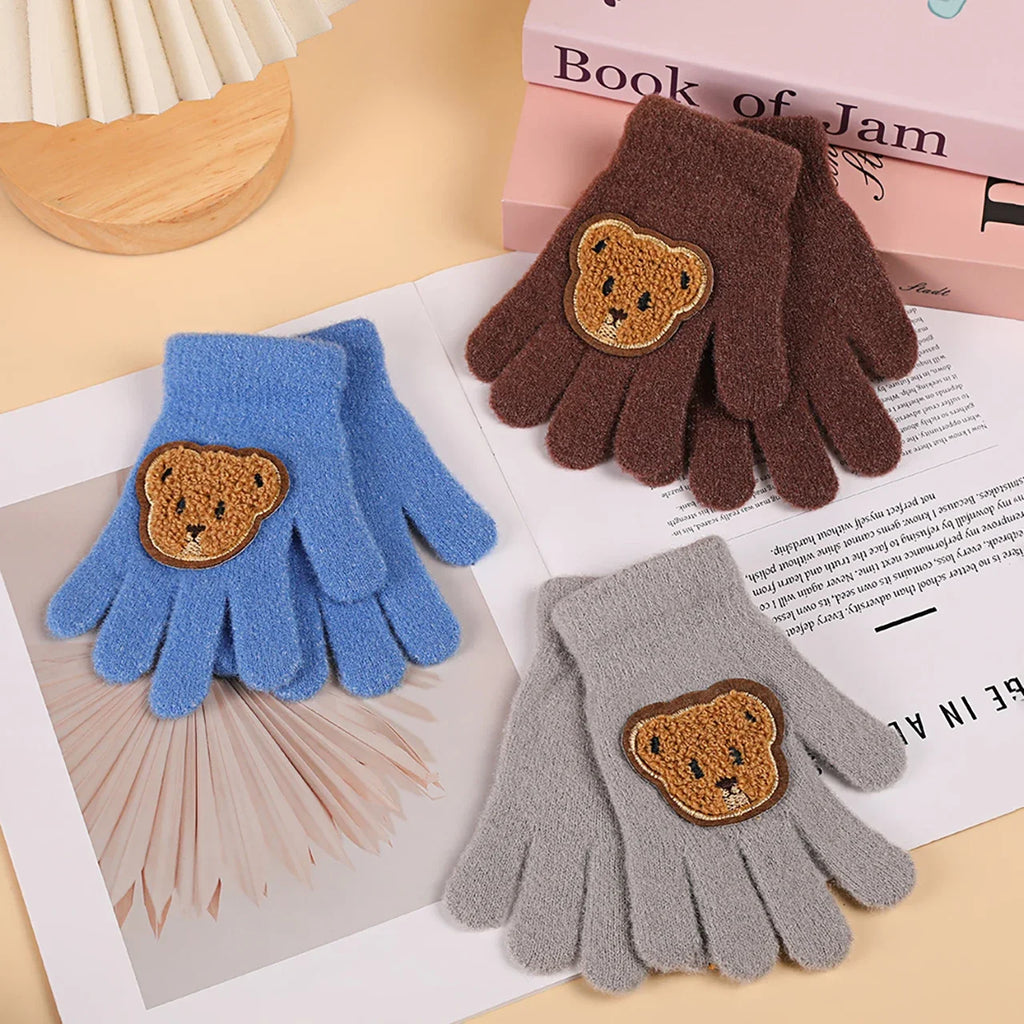 Cute Bear Baby Knitted Gloves Autumn Winter Warm Kids Full Finger Gloves Cartoon Animal Toddler Mittens