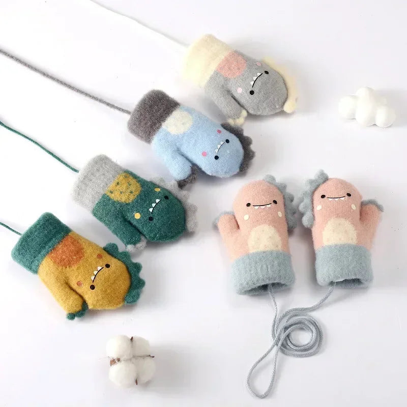 Cartoon Dinosaur Baby Gloves Warm Autumn Winter Kids Girl Boy Full Finger Gloves Knitted Thick Outdoor Children Toddler Mittens