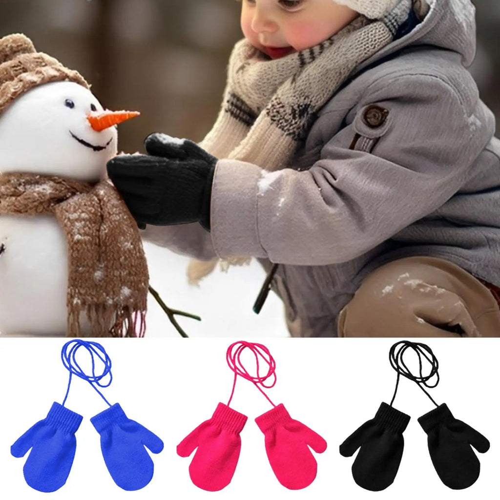 Kids Ski Gloves Knitted Snow Gloves with String Comfortable Warm Mittens Cute Kids Winter Accessories for Skiing Skating