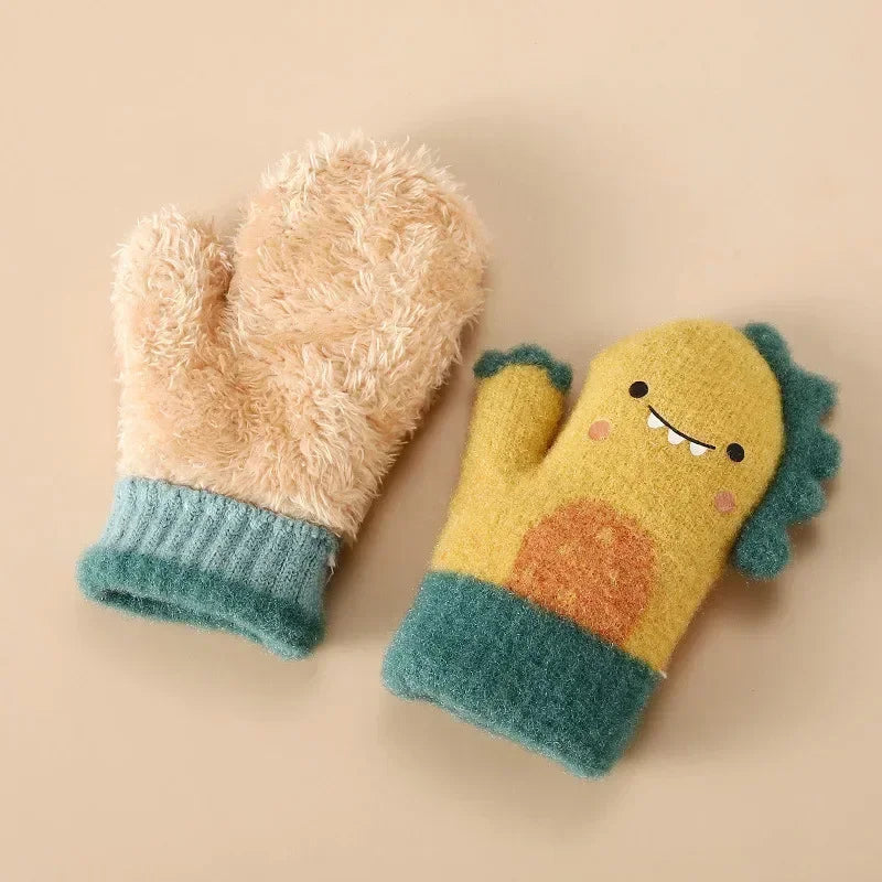 Cartoon Dinosaur Baby Gloves Warm Autumn Winter Kids Girl Boy Full Finger Gloves Knitted Thick Outdoor Children Toddler Mittens